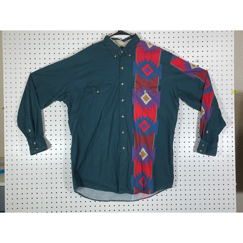 Vintage Roper Mens XL Western Shirt Green Southwest Aztec Geometric Button Down